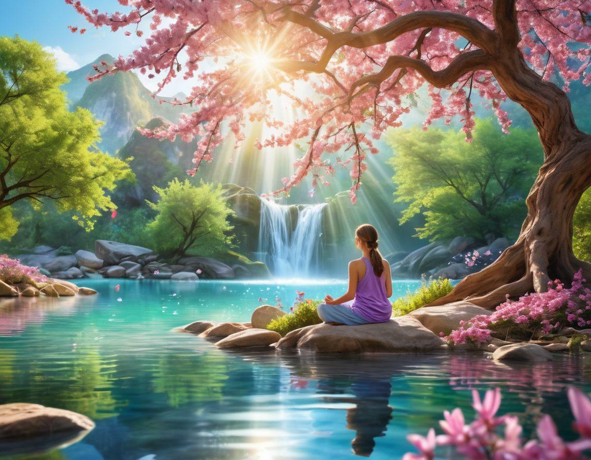A serene landscape with a person meditating under a blossoming tree, surrounded by soft, flowing water representing healing and wellness. Include elements of nature like butterflies and gentle sunlight breaking through the leaves, symbolizing hope and regeneration. Imagery of holistic tools like crystals and herbal plants subtly integrated in the foreground. vibrant colors. peaceful atmosphere. soothing style.