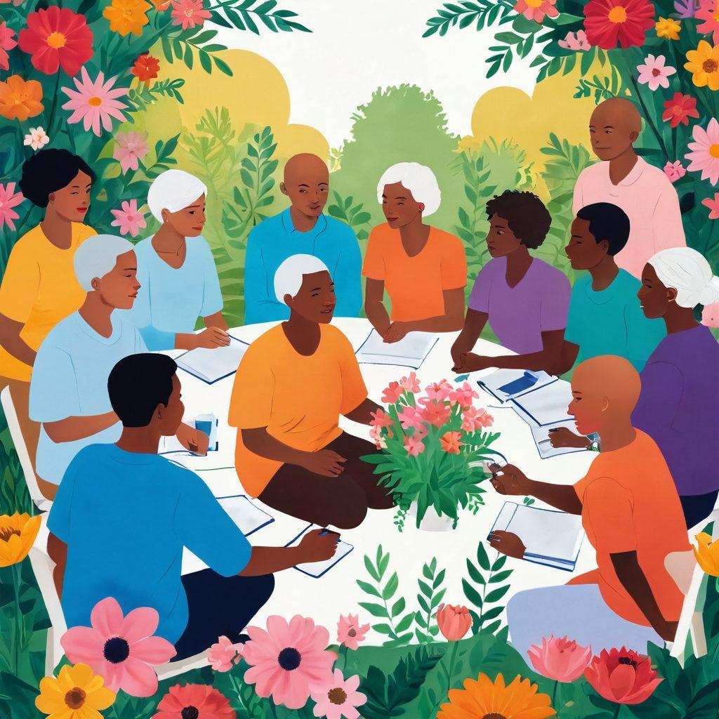 A warm and uplifting scene depicting a diverse group of cancer patients and advocates engaged in a supportive discussion circle, surrounded by vibrant flowers symbolizing hope and resilience. Incorporate elements of modern therapy tools and support networks like smartphones displaying messages of encouragement. Capture a sense of unity, empowerment, and optimism. soft colors. vibrant colors. realistic style.