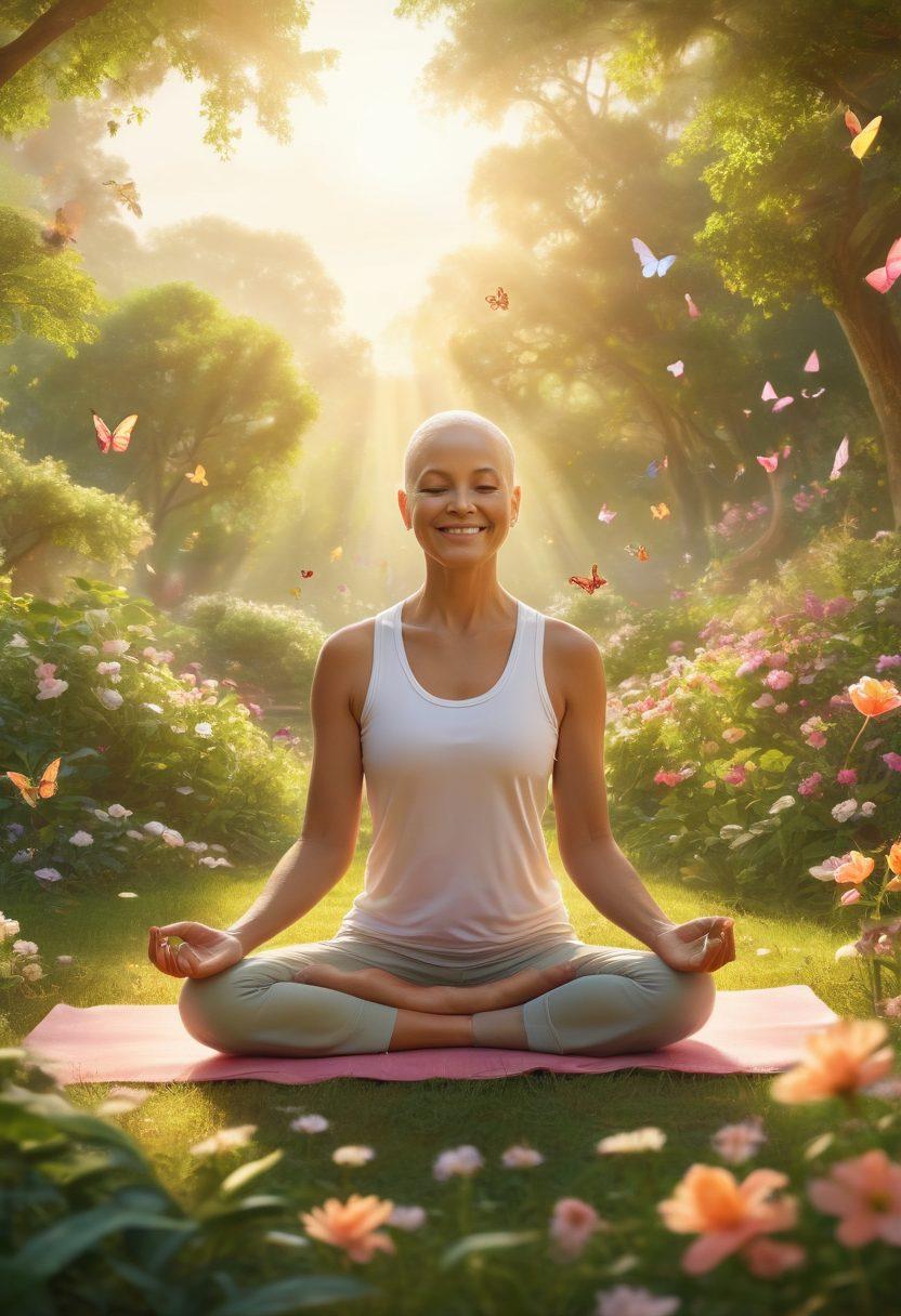 A serene landscape featuring a diverse group of cancer survivors, smiling and engaging in various wellness activities like yoga and meditation, surrounded by lush greenery and blooming flowers. Soft golden sunlight bathes the scene, symbolizing hope and resilience. Include motivational symbols such as butterflies or ribbons in the background. super-realistic. vibrant colors. uplifting atmosphere.